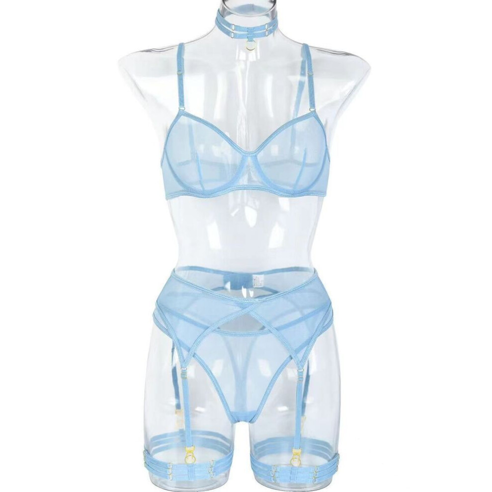 (L, light blue) New Women's Clothing Fashionable And Sexy Underwear Mesh Comfortable And Slimming Gathering With Steel Ring Four-piece Set