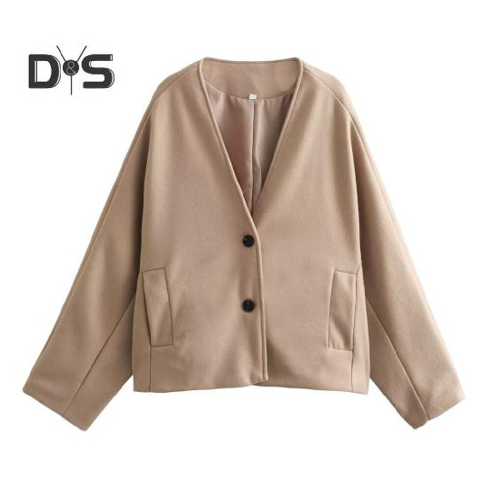 (khaki, M) Fall Spring Women Jacket Loose V Neck Pockets Double Button Closure Warm Loose Woolen Coat Mid Length Shopping Commuting Outwear