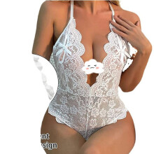 (white, XL) Deep V perspective hollowed out sexy lace women's three-point seduction sexy backless sexy underwear
