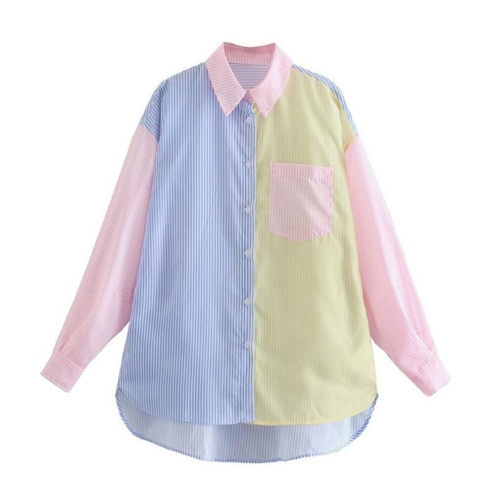 (M, blue,yellow) Women's Summer New Pinstripe Colour Collision Loose Boyfriend Style Front Short Back Long Shirt Long Sleeve