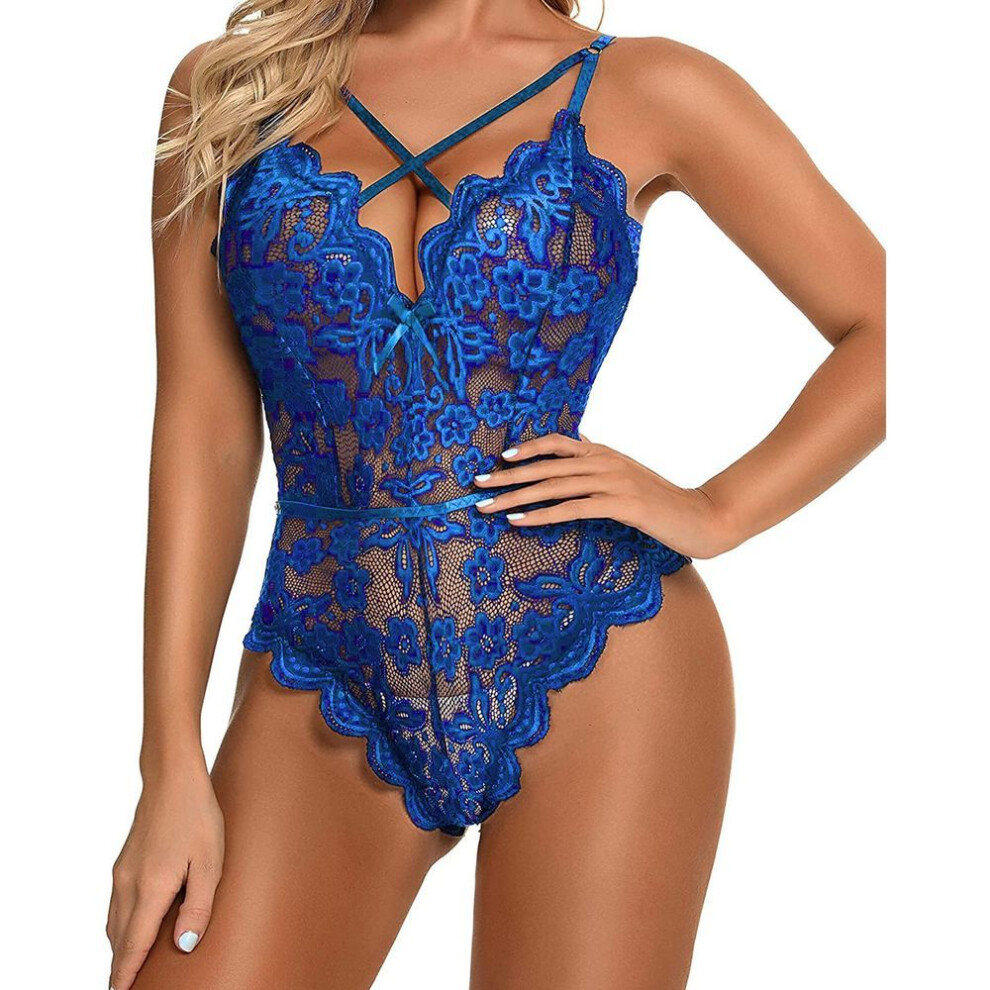 (blue, XL) 2025 New Erotic Underwear, Women's Lace Erotic Open-file One-piece Pajamas, Backless Perspective Pajamas