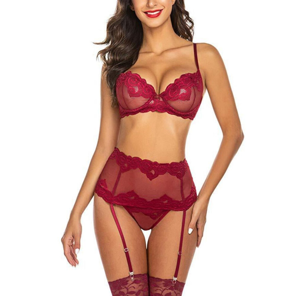 (S, red) 2025 new hot-selling sex underwear sex pajamas three-point perspective garter sexy suit