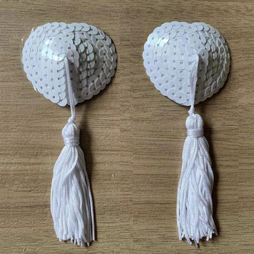 (white, One Size) Heart-shaped Silicone Nipple Covers With Tassels And Sequins - Sexy Lingerie Accessories