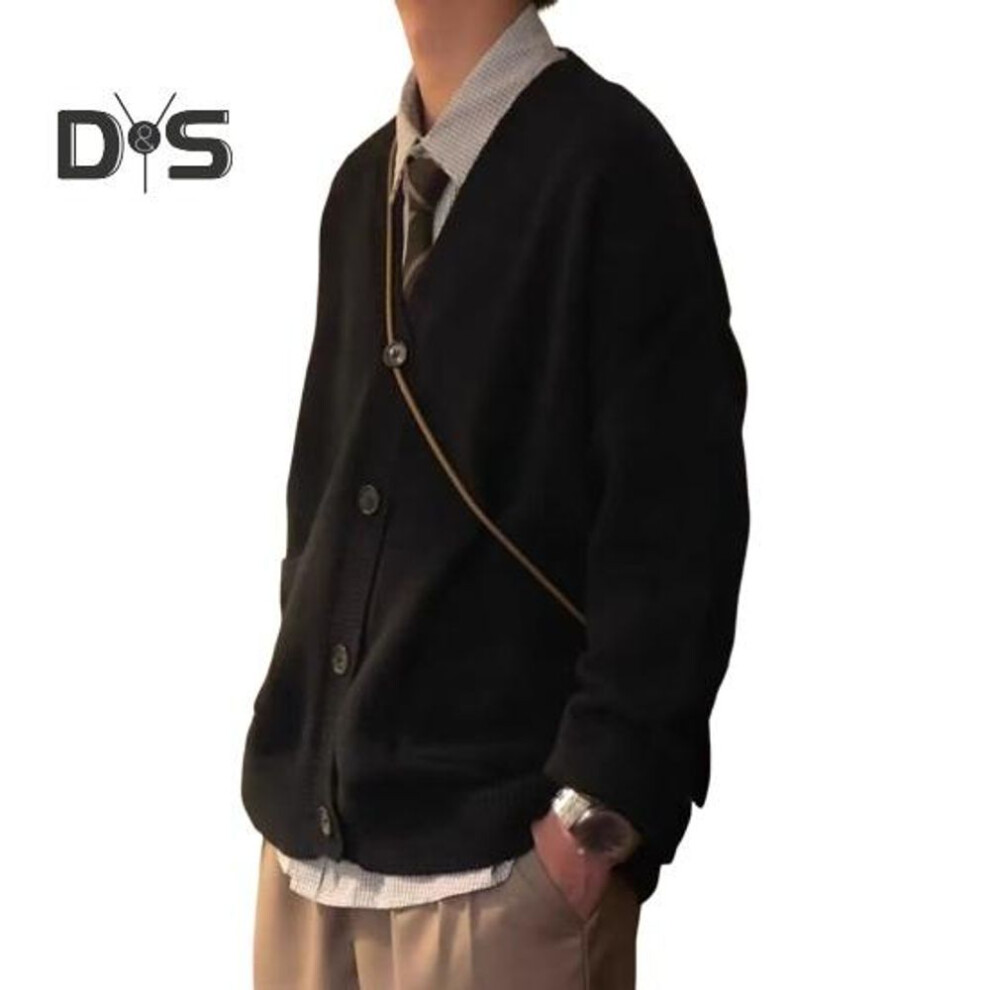 (black, L) Fall Winter Men Sweater Cardigan V Neck Knit Thick Elastic Long Sleeves Loose Preppy Style Warm Solid Color Knitwear Daily Wear Sweater Coat