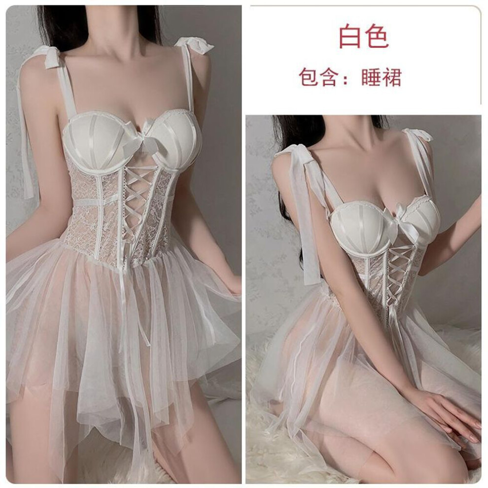 (white, M) Sexy sexy slim strap plus chest pad steel ring gathering mesh perspective seduction women's nightdress