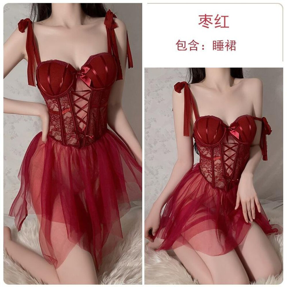 (as the picture, M) Sexy sexy slim strap plus chest pad steel ring gathering mesh perspective seduction women's nightdress