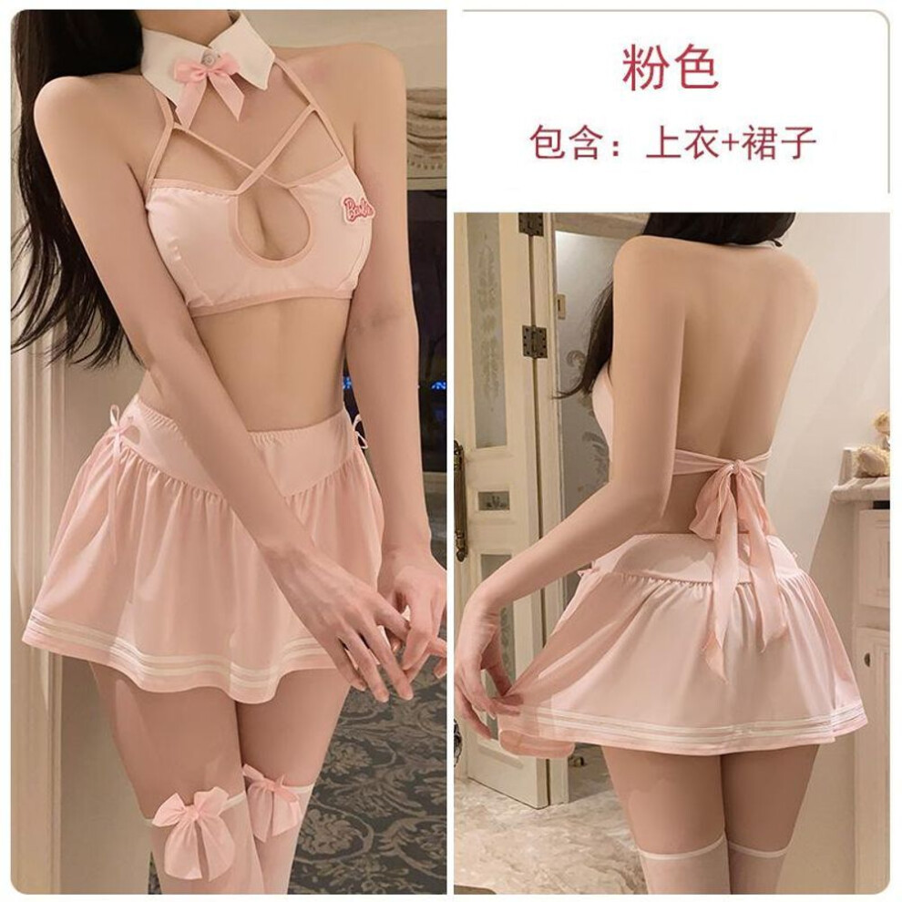 (pink, XL) Sexy Sexy Hollow Lapel Bow Strap Seduction Cosplay Female Uniform Suit