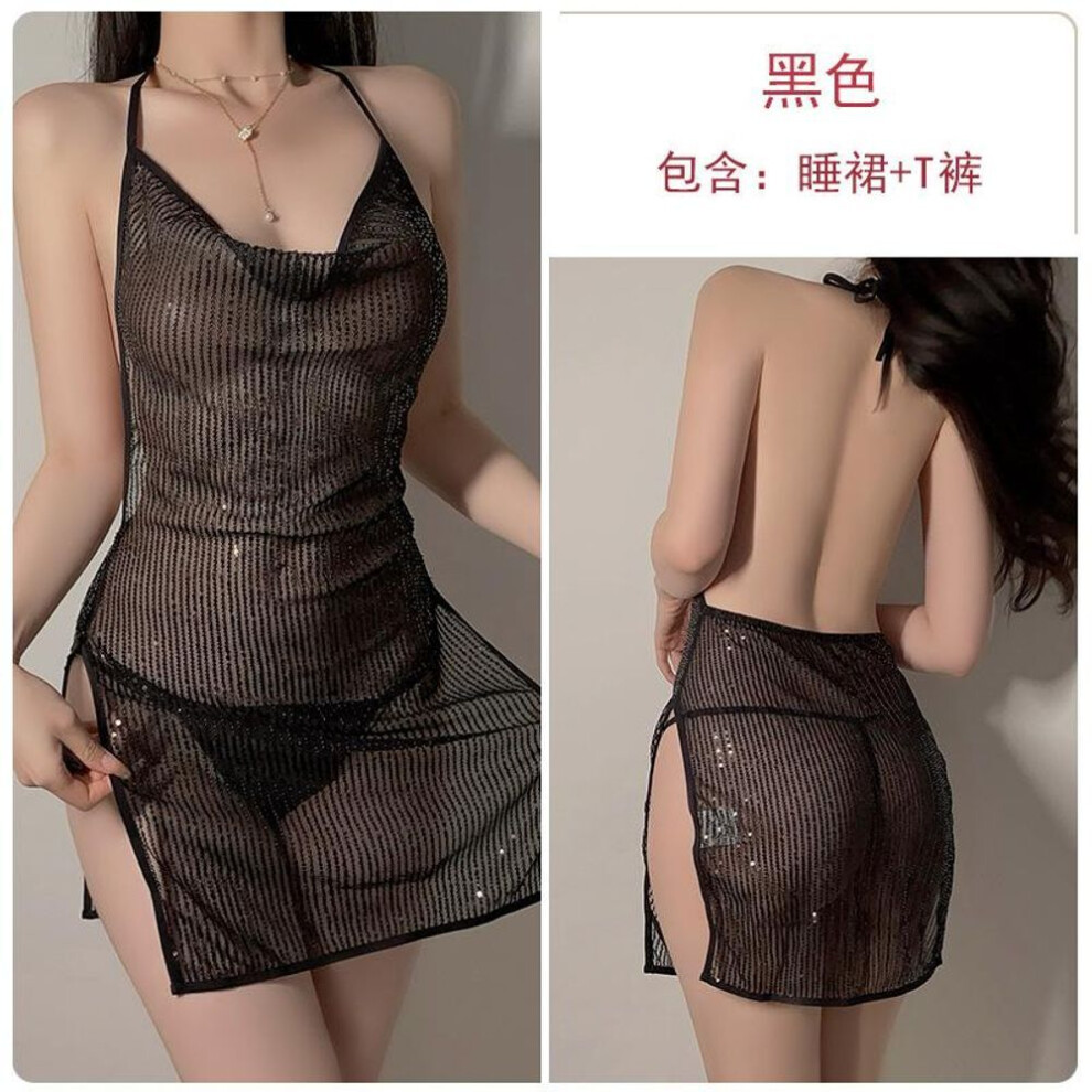 (black, one size fits all) Sexy lingerie hot slit pure desire temptation sequins sexy neck plus size nightdress uniform suit