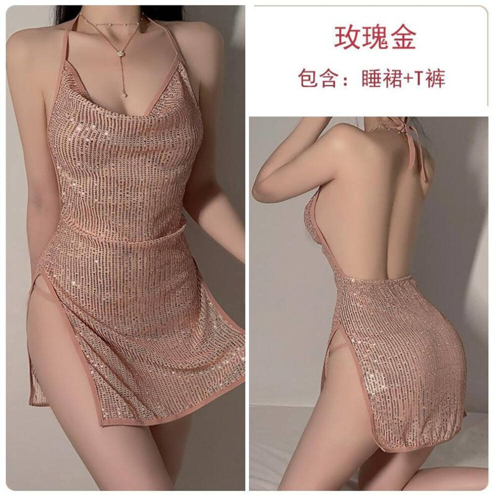 (rose gold, one size fits all) Sexy Lingerie Hot Slit Pure Desire Temptation Sequins Sexy Neck Plus Size Nightdress Uniform Suit