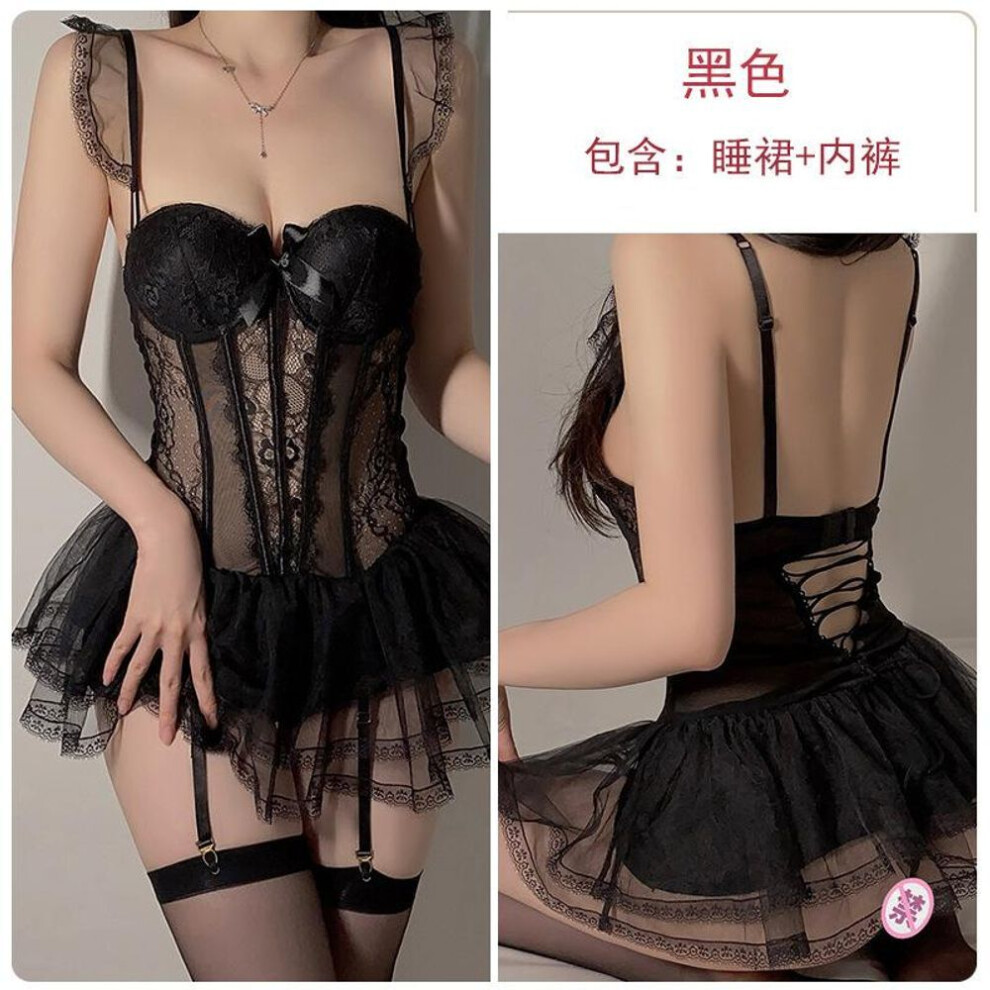 (black, L) Sexy pure desire perspective mesh lace sexy plus steel ring chest pad women's nightdress uniform suit