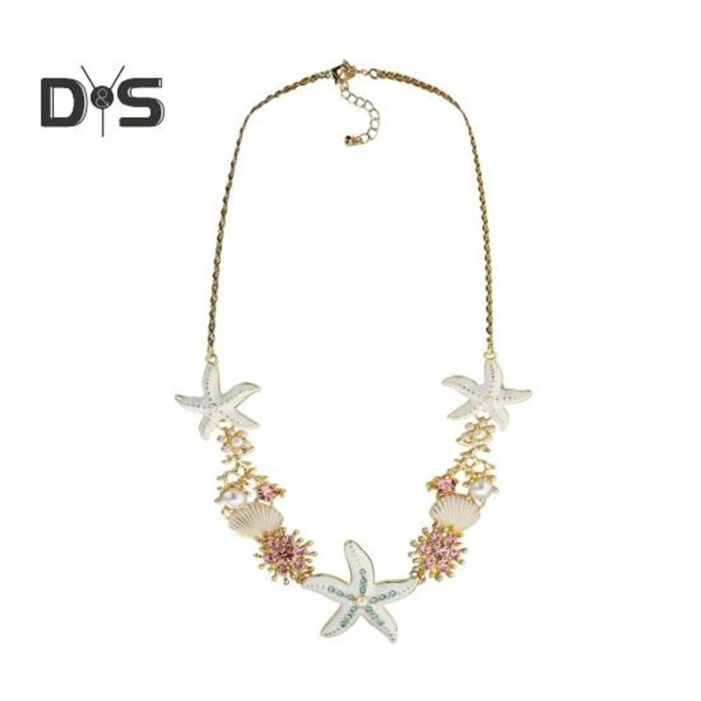 (white) Exaggerated Women Necklace Ocean Theme Starfish Coral Shell Hollow Out Faux Pearl Rhinestone Decor Adjustable Length Lady Vacation Beach Neck Jewelry