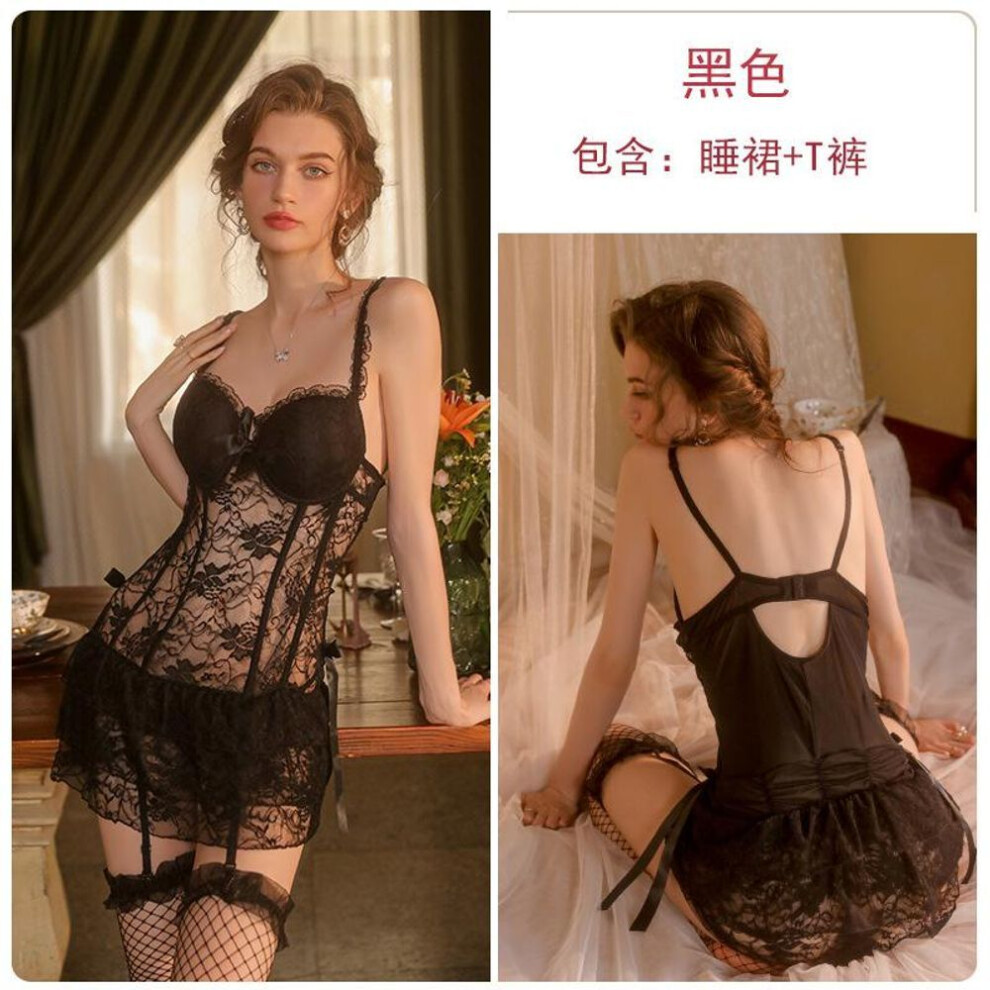 (XL, black) Sexy Lingerie Sexy Hot Lace Pure Seduction Deep V Steel Rim Chest Pad Suspender Uniform Set