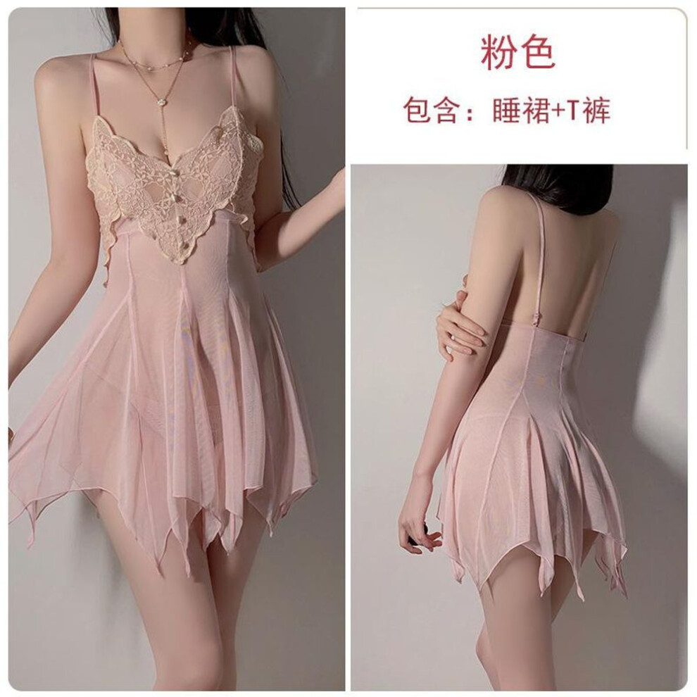 (pink, XL) Sexy lingerie sexy deep V mesh lace perspective seduction irregular skirt pure lust nightdress