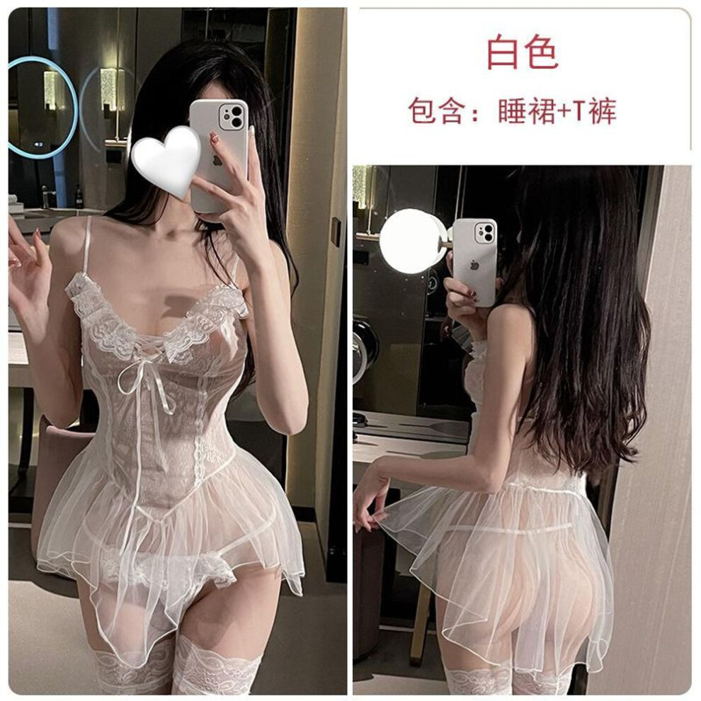 (white, one size fits all) Sexy lingerie sexy perspective mesh lace stitching deep V temptation pure desire hot nightdress set