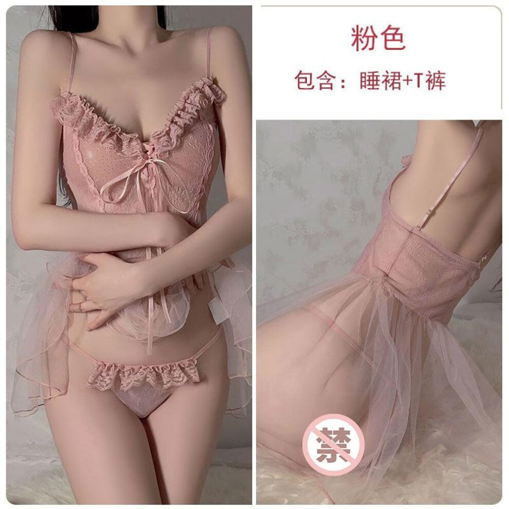 (pink, one size fits all) Sexy Lingerie Sexy Perspective Mesh Lace Stitching Deep V Temptation Pure Desire Hot Nightdress Set