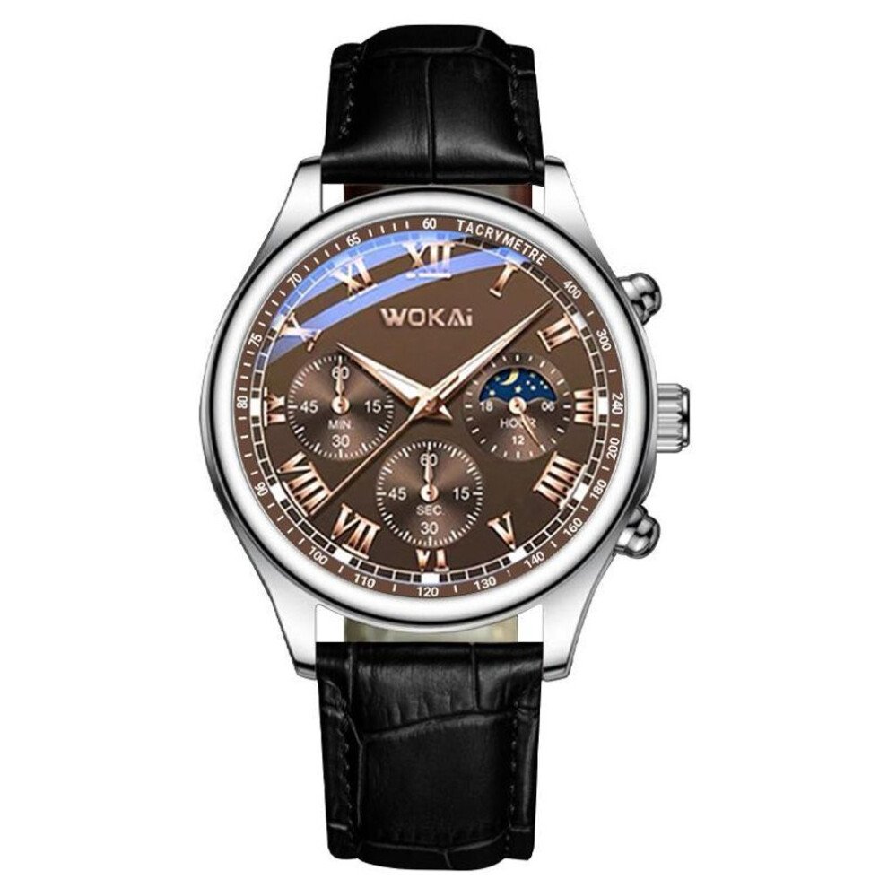 (black) Wokai Men's Business Casual Watch Stylish Quartz Movement Wristwatch with Leather Strap Perfect for Everyday Wear