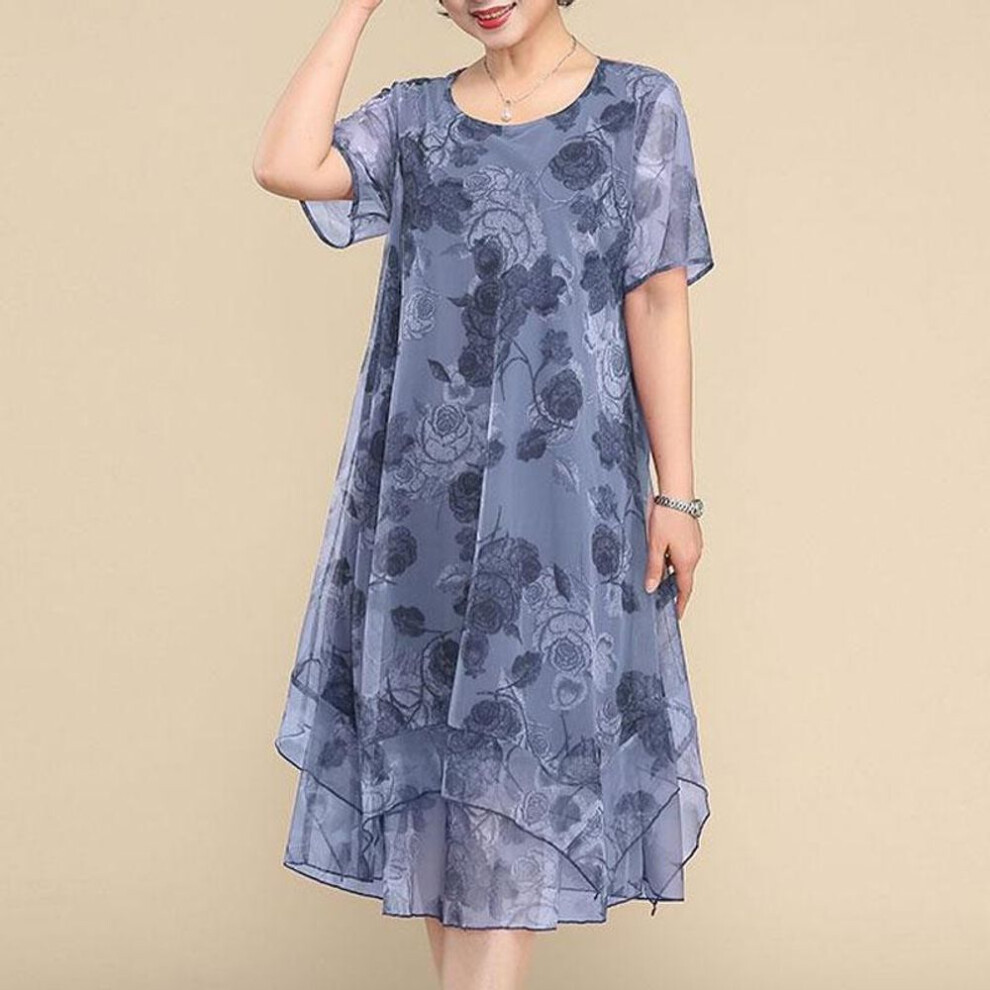 (blue, L) O-Neck Short Sleeve Dresses Vintage Floral Printed Summer Gauze Spliced Women's Clothing Stylish Irregular Loose Midi Dress