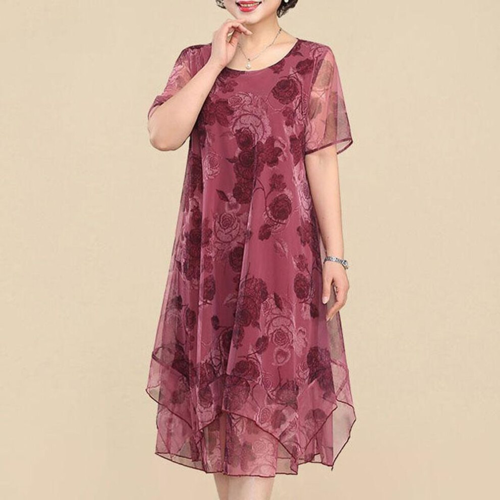 (red, XL) O-Neck Short Sleeve Dresses Vintage Floral Printed Summer Gauze Spliced Women's Clothing Stylish Irregular Loose Midi Dress