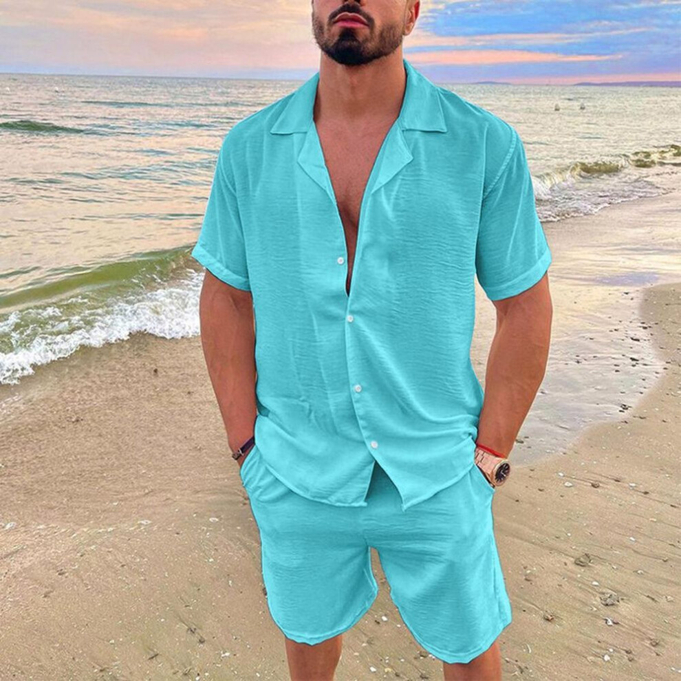 (lake blue, M) Men's Summer Casual Loose Two Piece Sets Beach Solid Cotton Linen Man Suit Short Sleeve Button Shirt And Shorts Office Outfits