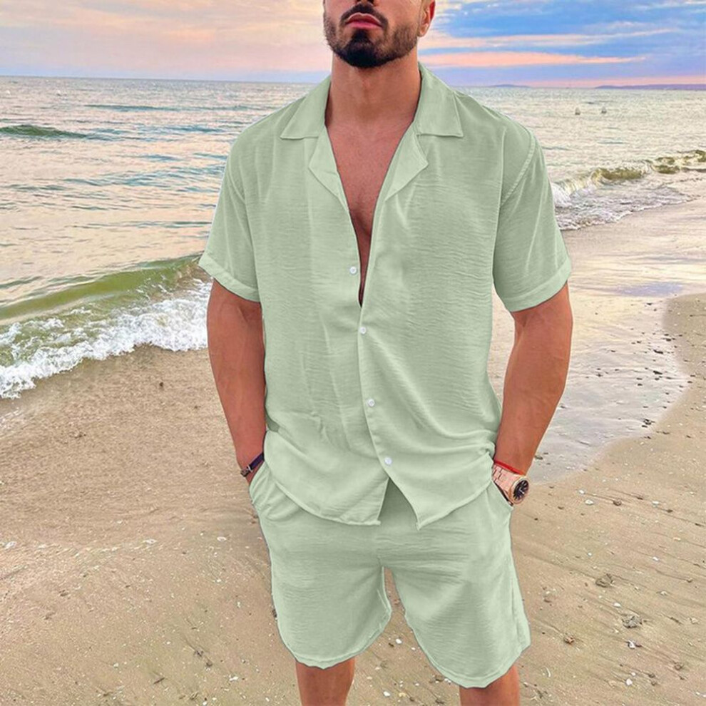 (light green, L) Men's Summer Casual Loose Two Piece Sets Beach Solid Cotton Linen Man Suit Short Sleeve Button Shirt And Shorts Office Outfits