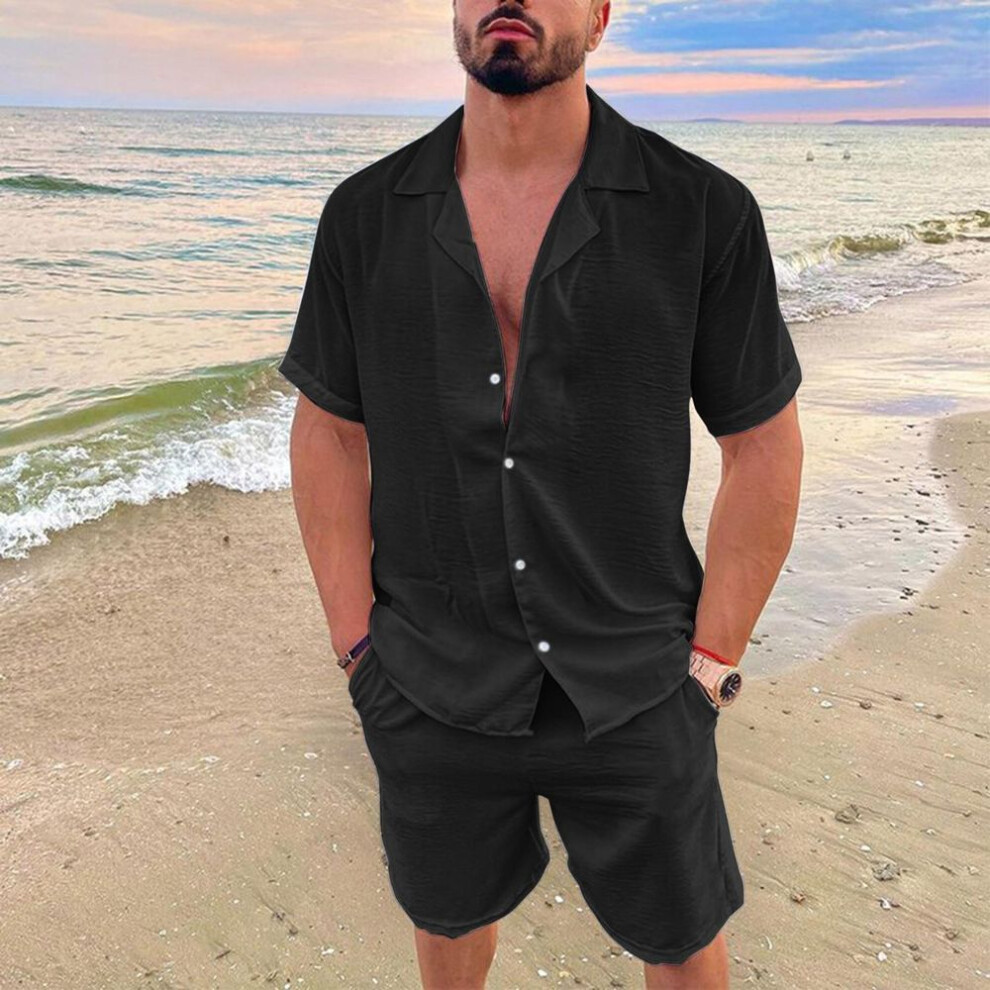 (black, M) Men's Summer Casual Loose Two Piece Sets Beach Solid Cotton Linen Man Suit Short Sleeve Button Shirt and Shorts Office Outfits