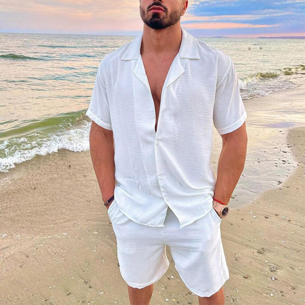 (white, XXL) Men's Summer Casual Loose Two Piece Sets Beach Solid Cotton Linen Man Suit Short Sleeve Button Shirt And Shorts Office Outfits
