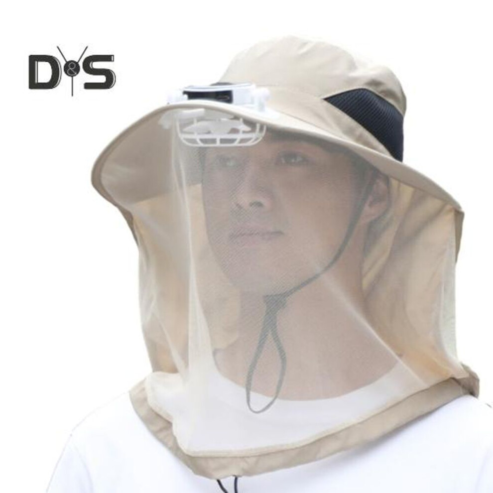 (khaki) Mosquito Head Net Hat with Fan for Men Women Wide Brim Sun Hat with Mesh Net Summer Cooling Bucket Hat for Outdoor Fishing Hiking