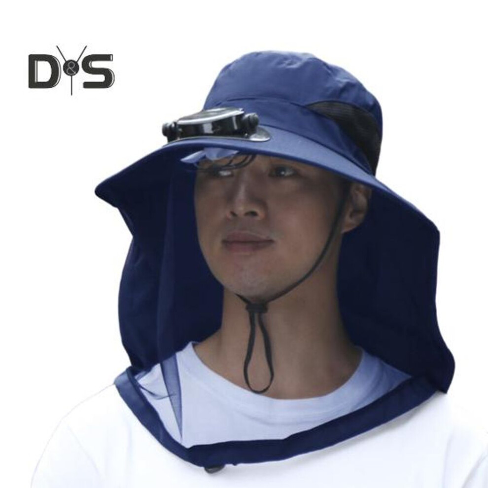(blue) Mosquito Head Net Hat With Fan For Men Women Wide Brim Sun Hat With Mesh Net Summer Cooling Bucket Hat For Outdoor Fishing Hiking