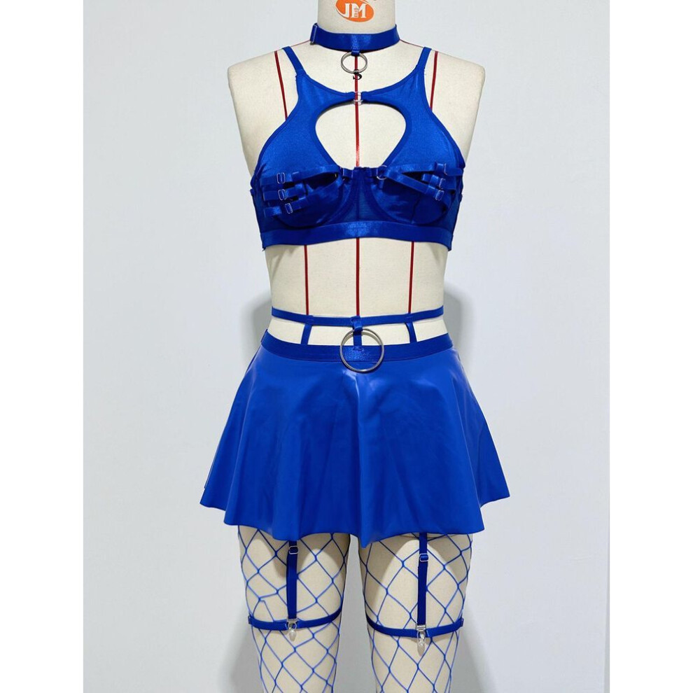 (XL, blue) "lace Sexy Lingerie Set: Bra, Solid Leather Skirt, And Fishnet Stockings