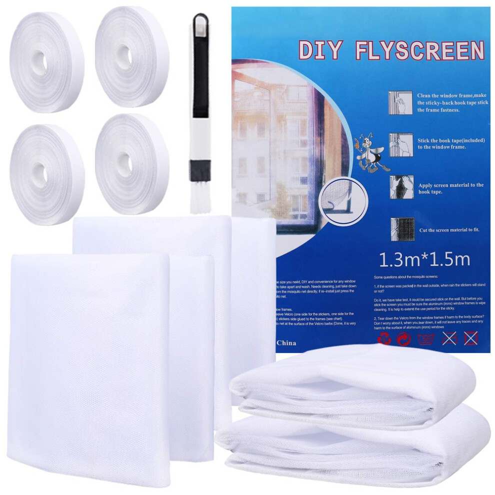 4 Packs Fly Screen For Window, Insect Mesh Window Nets1.3m*1.5M, With 4 Rolls Self-Adhesive Tapes,Cleaning Brush, White 6240723849140