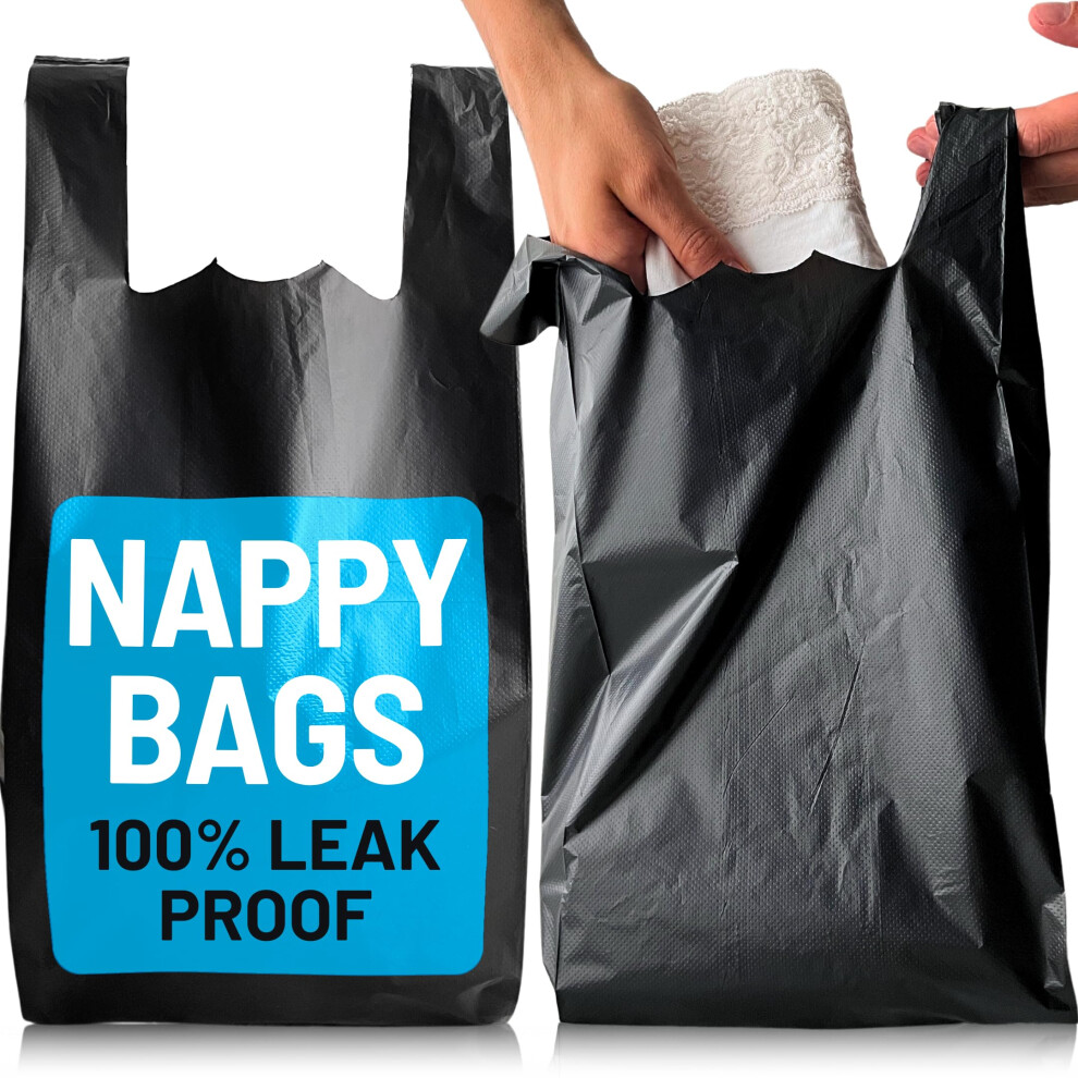 Pwgoods Adult Nappy Bags - 400 Pack, 20% Thicker Sacks, Easy Tie Handles, Odour Free, Discreet Black Plastic, Strong Sanitary Disposal Bag