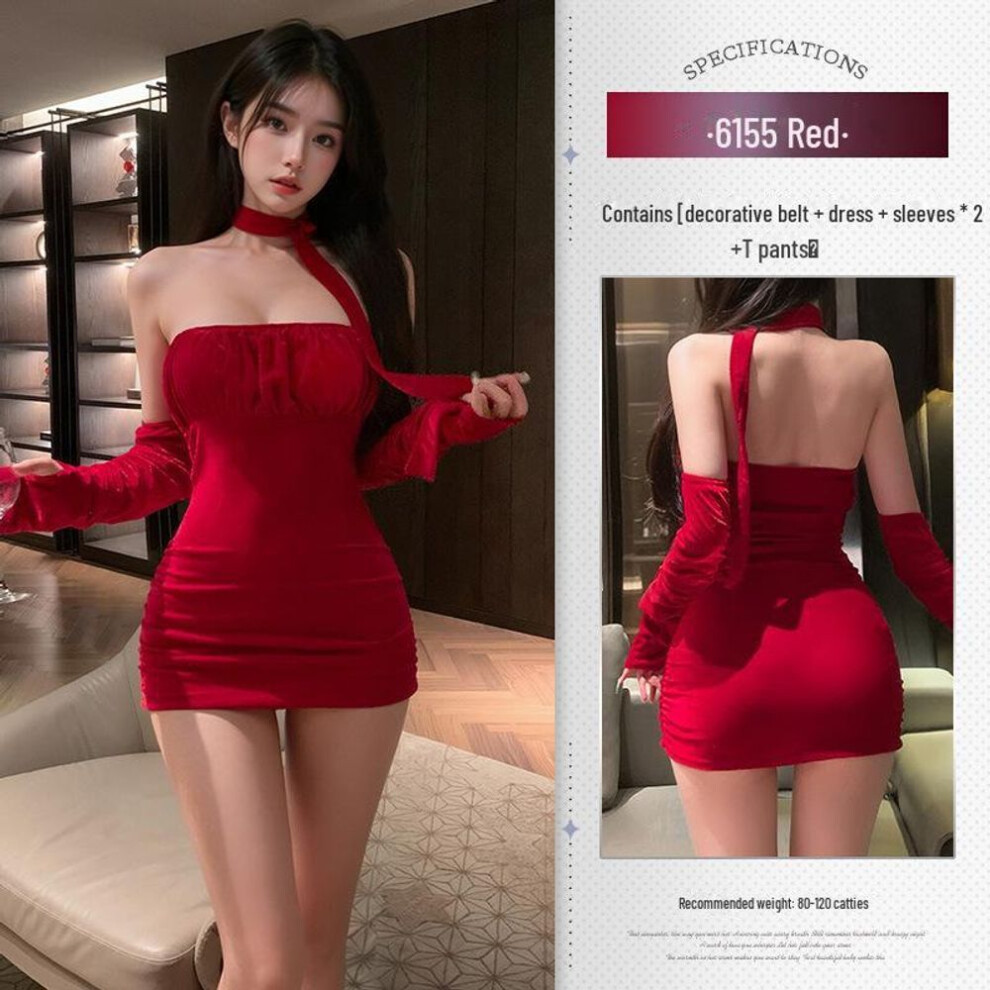 Feimu Sweet & Spicy Strapless Velvet Hip Skirt - Sexy Lingerie in Bright Red