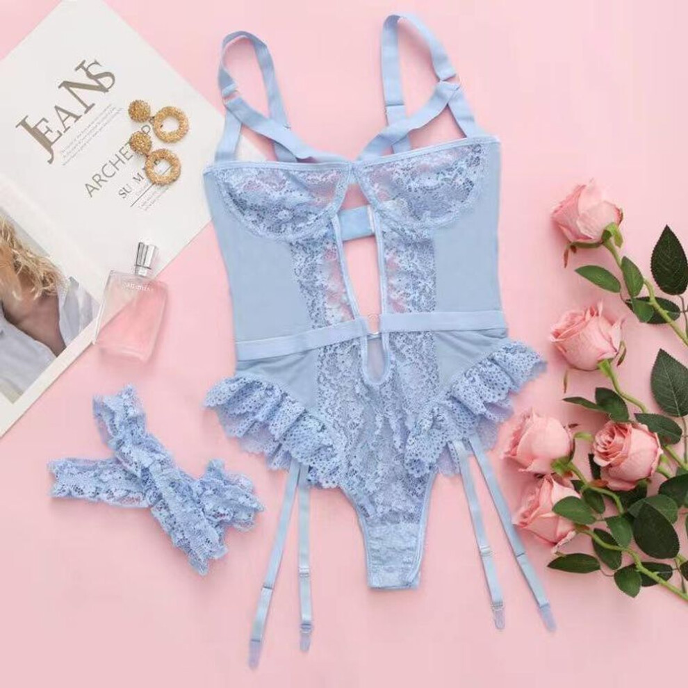 (light blue, Large) Women's 2023 Backless Embroidered Lace One-Piece Lingerie