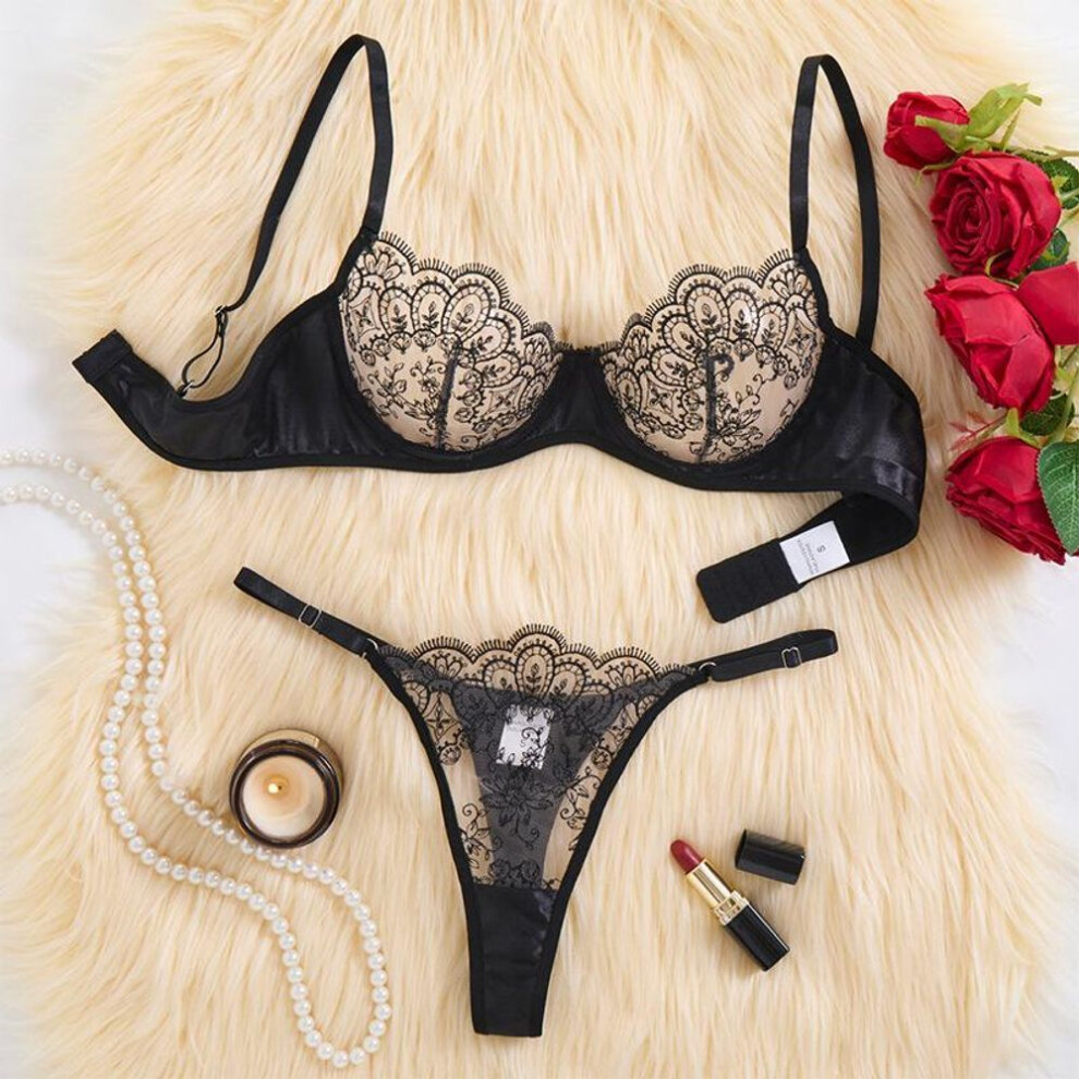 (Extra Large, black) European & American High-Grade Sexy Lace Lingerie Set with Eyelash Edge Temptation - Flirty Bra 09