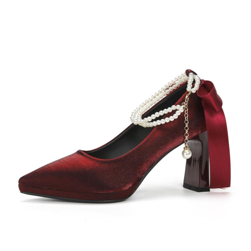 (burgundy, 35) Temperament French suede pointed thick heel high heels women's bow pearl waterproof table high heel single shoes