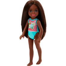 Barbie Chelsea - Pieni nukke uimapuvussa raidoilla ja kukkakuvioisella ruskeilla hiuksilla ja ruskeilla silmillä