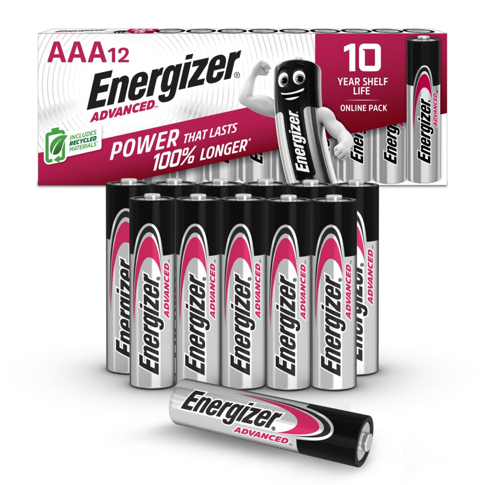 Advanced AAA Batteries, 1.5V Alkaline, 12 Triple A Batteries, Power That Lasts 100% Longer, Ideal for High-Drain Devices, 10-Year Shelf Life, 0%