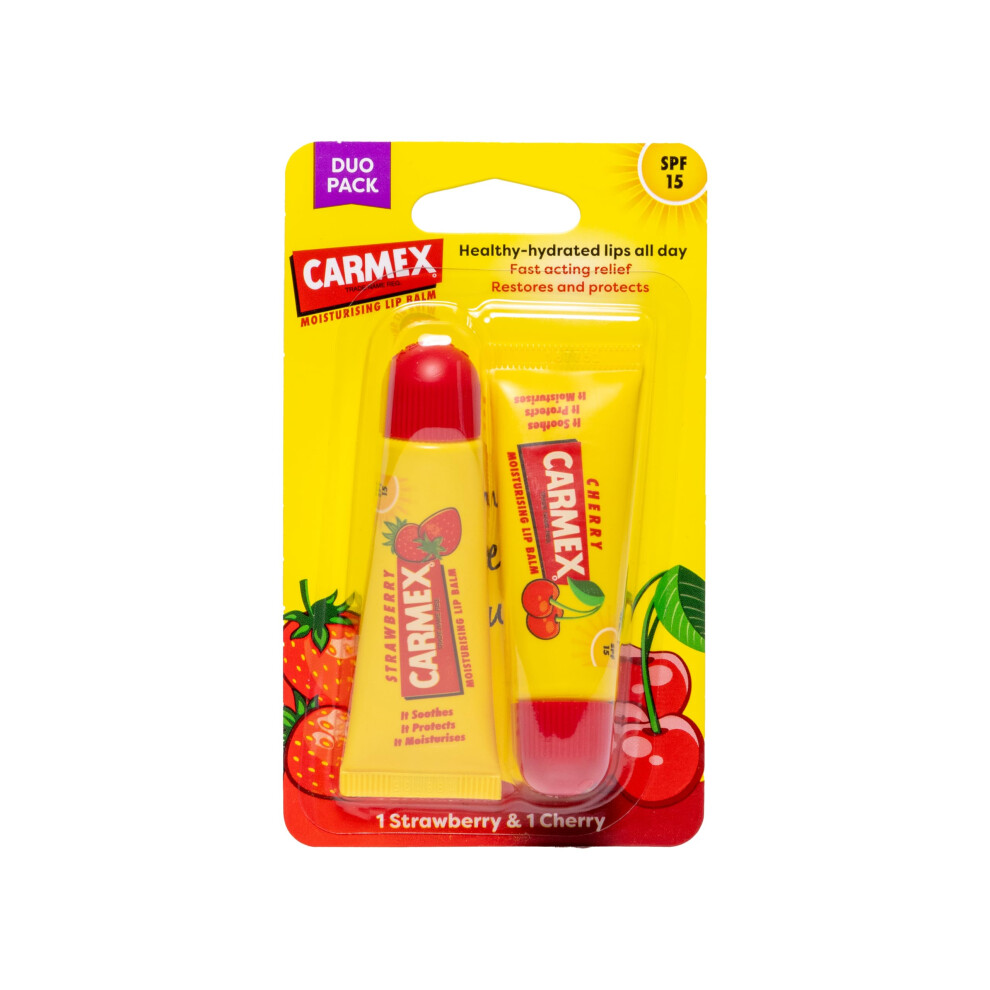 Lip Balm Tube Set | Strawberry & Cherry | SPF 15 Protection | Soothes and Repairs Dry, Cracked Lips | Intensely Hydrating Flavoured Summer Lip Care