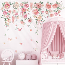SG3-2428 Rose Vine Wall Stickers Room Decals Bedroom Living Flower Décor Art Floral Pink tv Decoration Butterfly Nursery Peel and Stick Backg