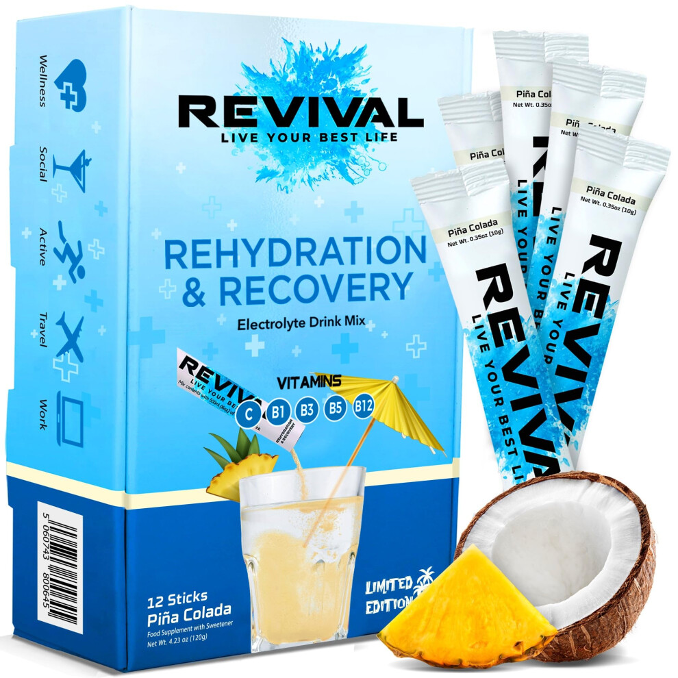 Revival Shots Revival Rapid Rehydration, Electrolytes Powder - High Strength Vitamin C, B1, B3, B5, B12 Supplement Sachet Drink, Effervescent Electrolyte Hydration