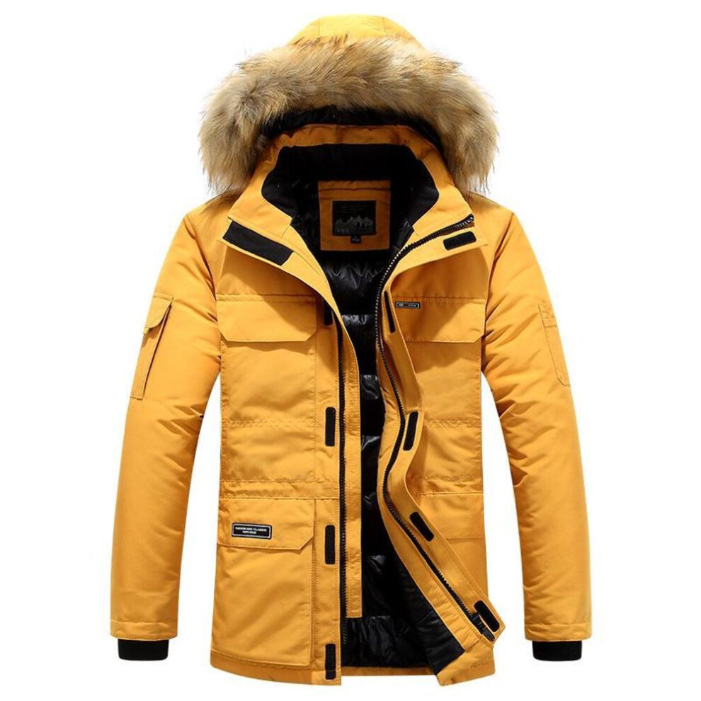 (yellow, 2XL) Men's Mid-Length Hooded Cotton Jacket - Autumn/Winter Trendy Coat 5928