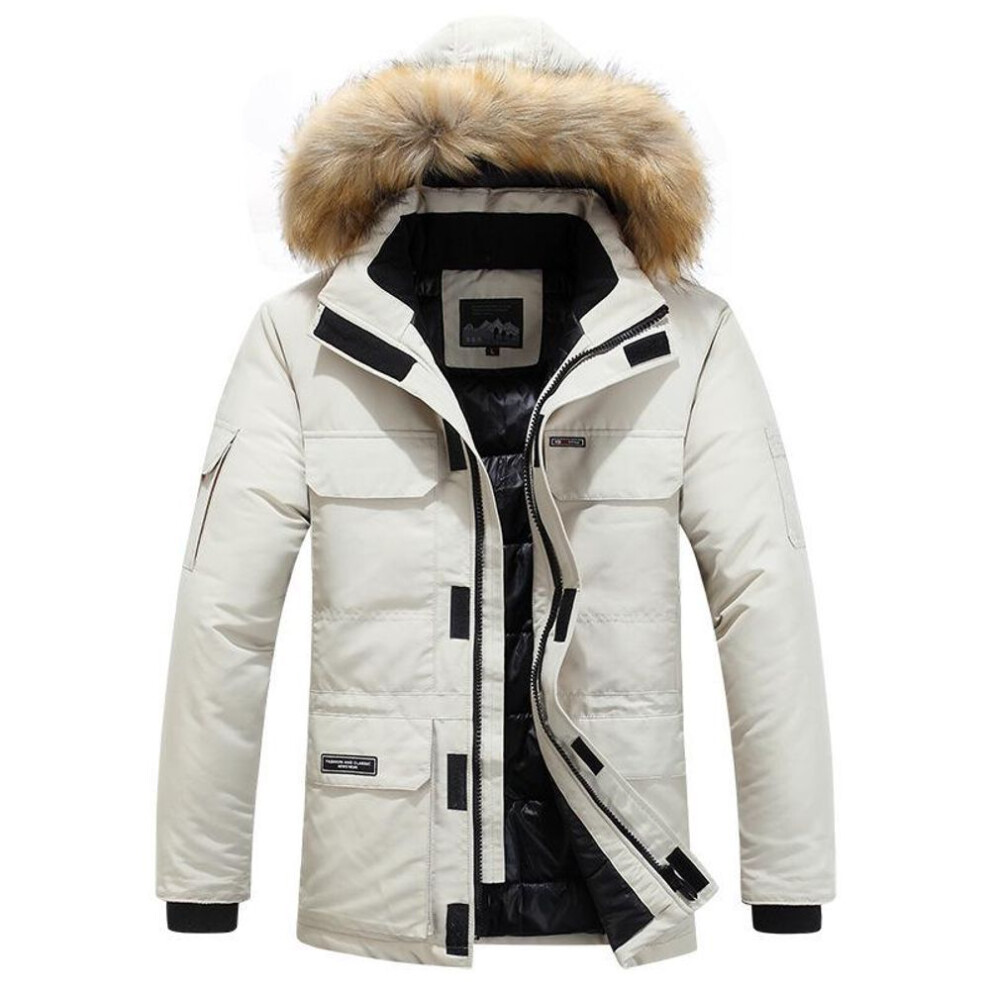 (ivory,white, 4XL) Men's Mid-Length Hooded Cotton Jacket - Autumn/Winter Trendy Coat 5928