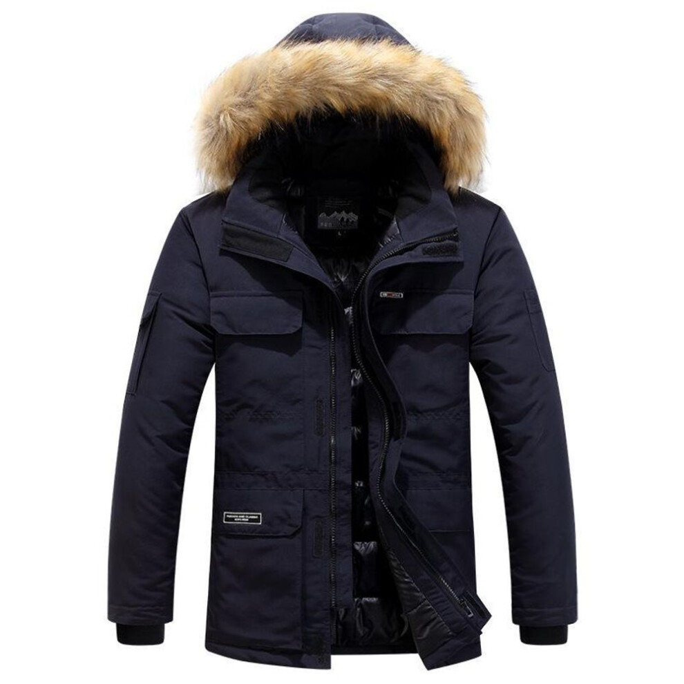 (black,blue, 2XL) Men's Mid-length Hooded Cotton Jacket - Autumn/winter Trendy Coat 5928
