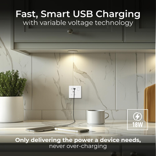 BG Electrical Single Switched Power Plug Wall Socket with Type A USB and Type C USB Charging Ports, Fast Charge, Screwless Front Plate, Evolve, 1