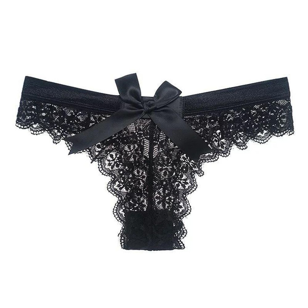 (black, XL) European & American Sexy Lace Thong With Big Bow - Translucent Triangle Underwear