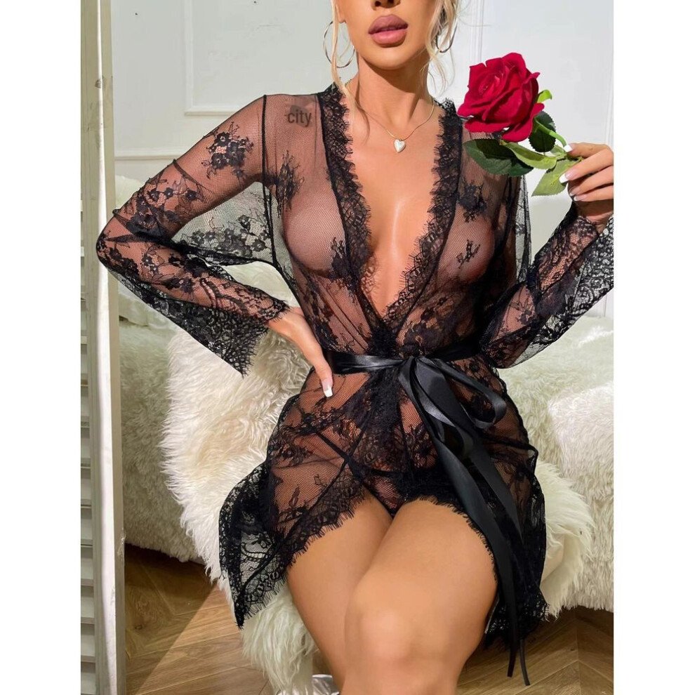 (black, L) "sexy Mesh Lace See-through Nightdress: European & American Lingerie Pajamas