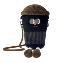 (Black) camping kit Khaki Coffee Cup Messenger Bag Plush One-shoulder Portable Small Bag Milk Tea Cup Cute Girl Bag