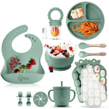 Baby Weaning Set – 15 Pcs Silicone Baby Feeding Set with Suction Plate, Bowl, Bib, Sippy Cup, Fruit Feeder, Freezer Tray – Baby Plates and Bowls