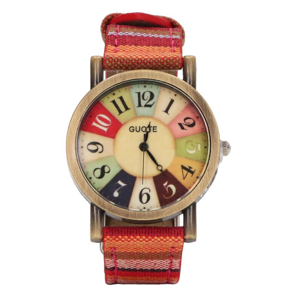 (red) Hippie Watch Multicolour Bohemian Style Brass Pu Leather Button Battery Women Watch For Birthday
