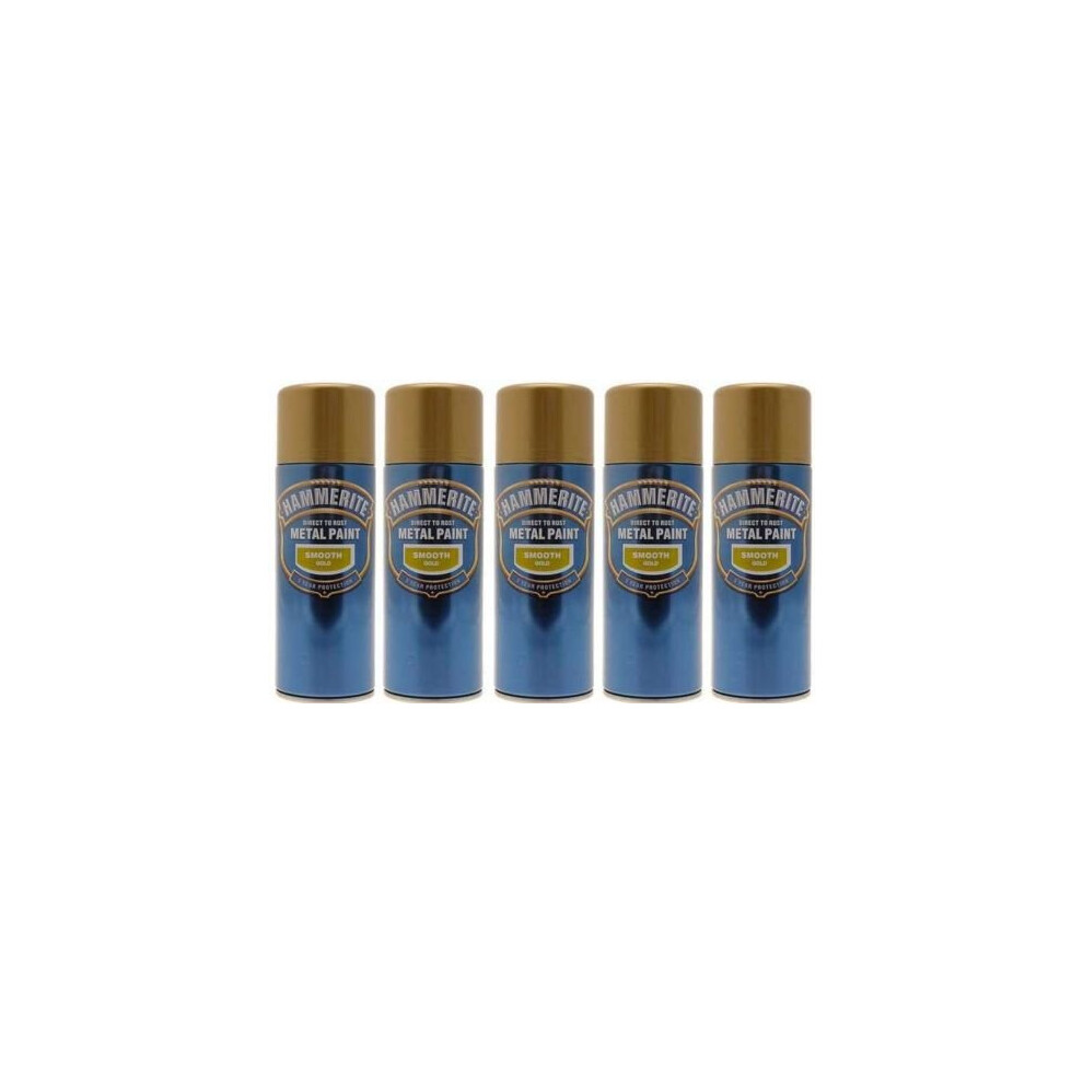 5x Hammerite Smooth Gold Metal Spray Paint 400ml x5 Aerosol Tins